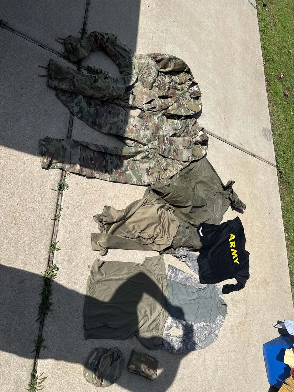 US Army OCP ACU Uniform Lot: 2 Sets, Combat Shirt, PT Shirt, Poncho, Caps
